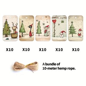 TEMU 50개 빈티지 크리스마스 선물 태그 - 헴프 로프, 산타, 눈사람, 고양이 - & 레드 장식 - 공예, 카드, 파티 답례품, 홈 데코용 - 크리스마스, 생일, 새해를 위한 축제 분위기 행잉 태그 - 향수 빈티지 장식