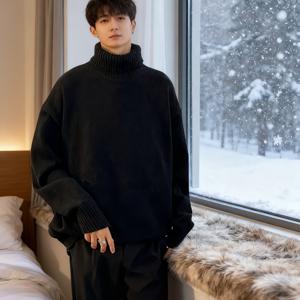 TEMU 남성 패션 플러스 사이즈 하이넥 긴팔 단색 니트 스웨터 | 아크릴, 캐주얼 프레피 스타일, 레귤러 핏, 가을/겨울 시즌|빅사이즈