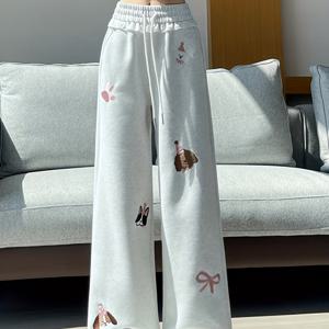 TEMU 여성용 하이웨이스트 와이드 레그 팬츠 & 강아지 자수 - 핑크 파이핑이 있는 블랙 겨울 바지, 탄력 있는 허리 끈, 루즈핏 - 캐주얼용 긴 레깅스 (세탁기 사용 가능) - 귀여운 동물 모티프 디자인