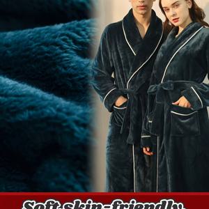 TEMU 남성 & 여성용 두꺼운 플란넬 롱 로브 - 벨트가 있는 부드러운 플러시 목욕 가운, 커플용 루즈핏 긴소매 잠옷, 포근한 가을/겨울 잠옷, 남성용 로브, 여성용 로브, 남성용 겨울 로브, 여성용 겨울 로브