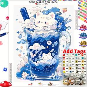 TEMU 1개 고양이 스타일 테마 레진 만화 물컵, 먼지 방지 AB 사각형 페인팅 키트 ( 비건식 스티커 심볼 포함)