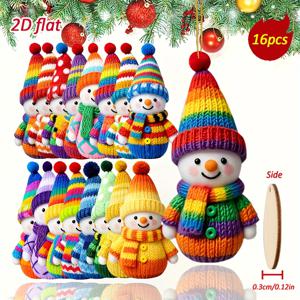 TEMU 2D 플랫 - 16가지 스타일의 눈사람 나무 걸이 장식 세트, 크리스마스 장식품으로 완벽합니다. 이 개인 맞춤형 2D 플랫 나무 장식은 크리스마스 트리 장식, 새해 선물 및 홈 데코레이션에 이상적입니다. 무지개 톤이 특징입니다.