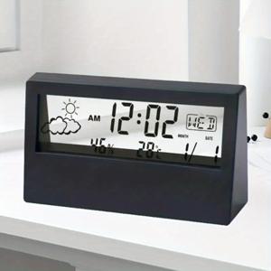 TEMU 모던 화이트 LED 디지털 시계 - 원자시간, 온도 및 습도 모니터링, 무소음 작동, 날짜/요일/달 표시, 스누즈 기능 - 직사각형 디자인, 가정, 사무실, 침실, 거실용 - 쉽게 읽히는 디지털 시계, 투명 상단 및 내구성 있는 플라스틱 구조, 배터리 미포함, 백라이트 없음