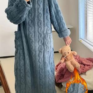 TEMU 여성용 가을/겨울 홈 슬립웨어, 안감 두꺼운 보온 잠옷 가운, 코랄 파자마, 두꺼운 보온 라운지웨어, 아웃도어 캐주얼 가운, 블루