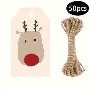 TEMU 50개 선물 태그 카드 - 베이지 색상의 빨간 코 순록 - 베이지 & 브라운 태그, 크리스마스, 생일, 결혼식, 파티용 - 대형 주트 로프가 달린 종이 태그