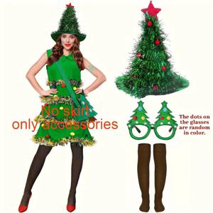 TEMU 3pcs 여성용 크리스마스 트리 코스튬 세트 (글리터 안경 & 스타킹 포함) - 축제 분위기의 녹색 & 빨간색 의상, 크리스마스 트리 모자, 스팽글 장식 상의, 바지 & 신발 포함, 파티, 할로윈, 크리스마스 축하 행사, 크리스마스 코스튬에 완벽