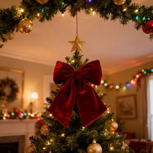 TEMU 레드 벨벳 대형 3D 리본 크리스마스 트리 장식, 우아한 문과 천장 걸이 장식, 크리스마스, 결혼식, 호텔, 파티, 새해, 하누카용