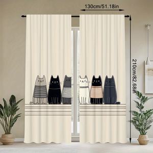 TEMU 2개입 모던 로드 포켓 커튼 - 귀여운 고양이 디자인의 반투명 창문 드레이프, 세탁기 사용 가능한 폴리에스터, 침실, 거실, 주방, 홈 데코용 간편한 걸이, 거실 커튼|커튼봉