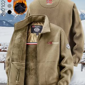 TEMU 남성용 따뜻한 플리스 자켓 - 풀 지퍼 겨울 코트, 편안하고 스타일리시한 스탠드 칼라, 가을과 겨울 야외 스포츠용 다용도 내구성 아우터웨어 - 세탁기 사용 가능 - 다크 블루/블랙/그레이 - 스키, 스노보드, 추운 날씨용