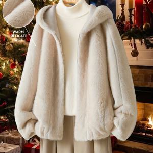 TEMU IHIMI 여성용 우아한 겨울 코트 - 부드러운 플리스 재질 후드 재킷, 긴소매 겨울 코트 (추운 날씨용), H라인 실루엣, 앞면 포켓 - 에디션, 여성용 겨울 재킷, 여성 겨울옷, 여성 겨울 코트