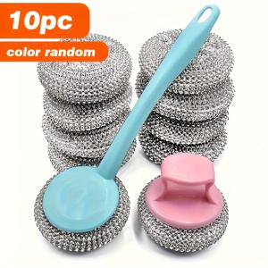 TEMU 10개 스테인리스 스틸 스크러빙 스펀지 세트 - 인체공학적 손잡이, 긁힘 없음, 잔여물 없는 주방 청소 패드, 내구성 있는 플라스틱 및 금속 브러시 (냄비, 팬, 논스틱 조리기구용) - 재사용 가능한 스크러버