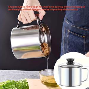 TEMU 1개 대형 37.2oz/1000ml 고강도 스테인리스 스틸 오일 스트레이너 냄비 (필터 및 먼지 방지 뚜껑 포함) - BPA 프리, 냉장고 안전, 304 등급 다목적 요리 오일 캔 보관, 지방, 오일, 식초, 허브 (쉬운 붓기 스파우트)
