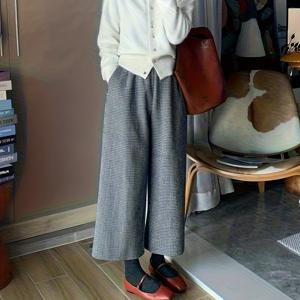 TEMU 우아한 체크 크롭 와이드 레그 팬츠 | 포켓, 탄성 허리, 넉넉한 핏의 패셔너블한 가을/겨울 여성용 트라우저, 주말 캐주얼에 적합