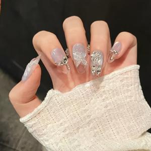 TEMU 10개입 핸드메이드 블루 옴브레 글리터 프레스온 네일 - 4잎 클로버 & 라인스톤 디자인, 손/발용 아몬드형 미디엄 길이 네일아트, 파티, 웨딩, 데일리 글램에 적합