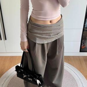 TEMU 미국식 레트로 플리츠 힙블록 캐주얼 팬츠 여성용 가을 신상 디자인 감각 퍼트 커튼 스플라이싱 마체테 와이드 레그 바나나 팬츠