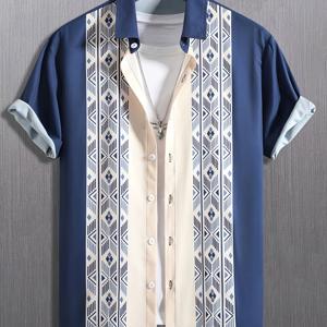 TEMU 남성용 반팔 셔츠, 편안한 디지털 프린트 기하학 패턴, 봄, 여름, 가을용, 휴일 및 캐주얼 외출에 적합, 100% 소재, 세탁기 사용 가능 (드라이 클리닝 불가). MXCY B-2