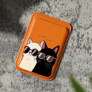TEMU 아이폰을 위한 고급 화려한 아름다운 만화 고양이 패턴 인조 가죽 자석 카드 홀더 아이폰 16 15 14 프로 맥스 KA1 인조 가죽 지갑 부착물, 1-2개의 카드를 보관, 내장 보안 포켓이 장착되어 있습니다.