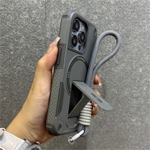 TEMU 메카 디자인 헤비 듀티 방수 비시각 브래킷 무선 충전 폰 케이스, 나일론 래니드 호환 Iphone 16 Pro Max, 15, 14 Plus, 13, 12 Pro 럭셔리 충격 방지 버퍼 백 커버