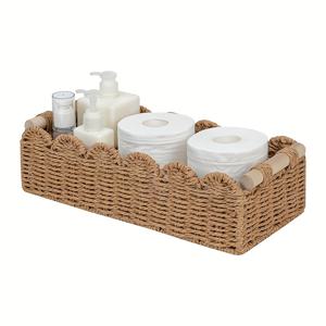 TEMU 큐브스랜드 페이퍼 로프 스캘럽 엣지 화장지 보관 바구니, 소형 거실, 침실 장식용 바구니, 화장실 위 수납 선반, 엔드 테이블, 선반 등에 사용 가능, 2개의 나무 손잡이 포함, 선반용 바구니