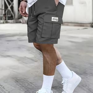 TEMU 남성용 캐주얼 카고 반바지 - 루즈핏 미드라이즈 탄력 허리, 다중 포켓, 카키 & 레터 프린트, 내구성 있는 논스트레치 원단, 아웃도어 하이킹 및 러닝용, 여름 활동, 스포티한 스타일, 기능성 포켓, 스트릿웨어 패션, 통기성 소재, 피트니스 애호가