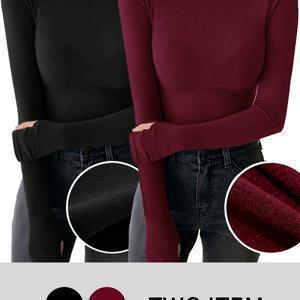 TEMU 여성용 보온 언더웨어 2pcs - 하이넥 긴팔 바디슈트, 겨울용 보온, 솔리드 컬러 베이스 레이어, 기계 세탁 가능, 탄력적 핏, 계절별 레이어링용 (비-)