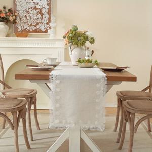 TEMU 1개 폴리에스터 원단 | 화이트 고급 자수 레이스 테이블보, 가정 주방 거실 긴 식탁 원형 테이블, 테이블 러너, 냅킨, 화장대, 캐비닛, 신발장, 침대 옆 테이블 장식, 시즌별 홈 파티 장식에 적합|침대협탁