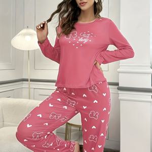 TEMU 여성용 캐주얼 파자마 세트, 2피스, 리본과 글자 프린트가 있는 긴팔 탑, 프린트가 있는 긴바지, 크루 넥, 사계절용, 풀오버 스타일, 성인용 웨이버 0-9M, 캐주얼 웨어|재미있는 프린트 탑|편안한 핏, 여성용 파자마