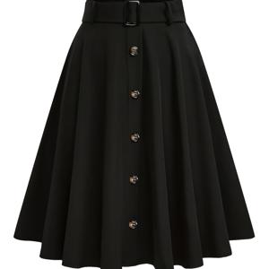 TEMU 여성용 우아한 A라인 스커트 - 벨트 웨이스트 & 플레어 우산 헴, 사계절용 블랙 버튼 프론트 클로저 (신축성 없는 소재), 오피스, 웨딩 게스트 스커트 - 세탁기 사용 가능 A라인 드레스 스타일 스커트