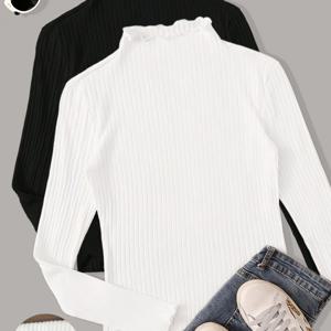 TEMU 플러스 사이즈, 핫셀링 캐주얼 하이넥 긴팔 솔리드 컬러 탑 투피스 세트