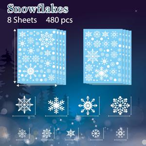 TEMU 480개 창문 스티커 - 매트 마감의 정전기 창문 장식, 양면 PVC 스티커 (8장) - 유리문, 거울용 재사용 가능한 정전기 접착제 - 화이트, 블랙, 클리어의 우아한 눈꽃 - 쉬운 부착 및 잔여물 없는 제거 - 홈, 오피스, 크리스마스, 새해 장식에 완벽