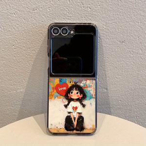TEMU 폰 케이스: 6391 오일 페인팅 러브 리틀 걸 투명 블랙 패턴 TPU 접이식 풀 커버리지 충격 방지 폰 케이스, 갤럭시 Z 플립 7, 갤럭시 Z 플립 6, 갤럭시 Z 플립 5, 갤럭시 Z 플립 4, 갤럭시 Z 플립 3 5G, 7SE/FE 호환, 얇고 가벼운 디자인