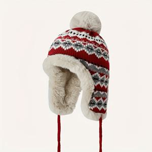TEMU 여성용 자카드 겨울 비니 - 귀덮개 & 폼포함, 두꺼운 보온 모자, 통기성 좋은 신축성, 자카드 패턴, 빈티지 스타일, 스키, 스노보드, 야외 활동용