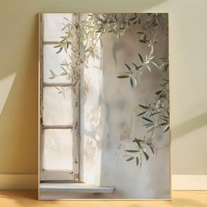 TEMU 창문 옆의 무테 올리브 가지, 녹색 빈티지 주방 유화, 창의적인 벽걸이 예술, 생일 선물로 완벽, 거실, 침실, 주방, 욕실 및 복도 장식에 적합, 방수 및 재사용 가능.