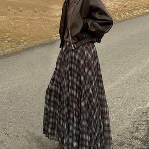 TEMU 신상 가을-겨울 체크 미디 스커트, 툴 맥시 하이웨이스트 우아한 체크 A라인 탄력성 안감 롱 드레스