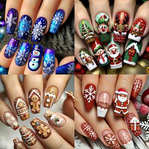 TEMU 96개 크리스마스 프레스온 네일 - 산타, 엘프, 순록 & 눈꽃 디자인 - 광택 있는 중간 길이 스퀘어 인조네일, 파티, 웨딩, 새해 행사용 - 96개 (96개 네일)