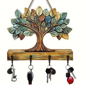 TEMU 2D 플랫, 1가지 트리 나무 키 후크, 4개의 금속 후크, 러스틱 벽 장식, 크기 11.81인치 x 9.84인치, 쉬운 설치, 현관, 방 또는 빌라 장식에 적합, 2D 플랫