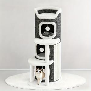 TEMU 대형 4단 접이식 고양이 트리 빌라 (황마 스크래칭 매트 포함), 넉넉한 공간과 높은 무게 용량 제공. 다단계 디자인으로 고양이가 스크래칭 가능하며, 분해 및 청소 용이. 겨울철 따뜻함 제공 및 적합.