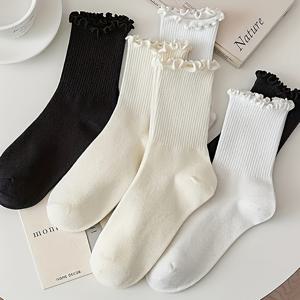 TEMU 5켤레 여성용 우아한 러플 밑단 니하이 삭스 - 부드럽고 신축성 있는 솔리드 컬러, 캐주얼 및 야외 활동에 적합, 및 모임에 이상적, 캐주얼 웨어 삭스 | 우아한 삭스 디자인 | 부드러운 스트레치 삭스, 여성용 양말, 여름양말