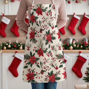 TEMU 1개 크리스마스 포인세티아 테마 프린트 앞치마, 작업, 파티, 요리, 다양한 휴일 및 식사 장소에 적합