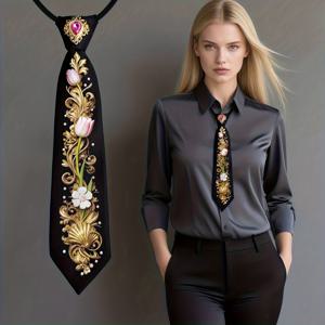 TEMU 고급 바로크 튤립 타이 | 예술적이고 패셔너블한 조합, 세탁기 사용 가능 또는 드라이 크리닝, 랜덤 프린팅 패턴의 원단.