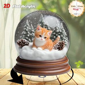 TEMU 2D 평면, 1개 회전 눈 글로브 - 생강 고양이 & 소나무 겨울 풍경, 투명 돔, 견고한 아크릴 데스크탑 장식, 갈색 베이스 - 아늑한 크리스마스 고양이 장식품, 집, 사무실, 실내/야외용 - 생강 태비 장식, 2D 평면