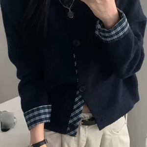 TEMU 한국 스타일 스플라이스 체크무늬 페이크 투피스 가디건 긴팔 스웨터 여성용 레이지 스타일 루즈핏 숏탑 SLIM GIRL 슬림소녀