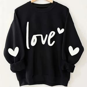 TEMU 플러스 사이즈 하트 & 레터 프린트 스웨트셔츠, 캐주얼 롱 슬리브 크루 넥 스웨트셔츠, 여성 플러스 사이즈 의류