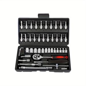TEMU 53개/46개 세트 1/4인치 드라이브 소켓 라쳇 렌치 세트, 유니버설 조인트 및 미터법 익스텐션 로드, 드릴 비트 소켓 세트 포함, 자동차 및 가정 수리용, 보관 상자 포함