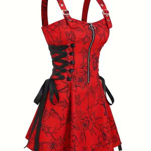 TEMU 여성용 플로럴 프린트 지퍼 드레스, 스트랩리스 넥라인과 러치 디테일 - 캐주얼 올시즌 슬립 드레스, 성인용 플로럴 드레스 | 러치 디테일 드레스 | 지퍼 클로저 드레스