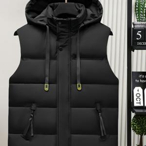 TEMU 남성용 두꺼운 따뜻한 조끼 | 탈부착 가능한 후드가 있는 캐주얼 후드 민소매 재킷, 섬유 충전재, 가정 및 야외 활동에 적합