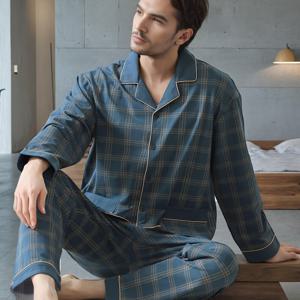 TEMU 봄과 가을 스타일 남성용 투피스 파자마 긴팔 바지 가디건 턴오버 칼라 루즈 캐주얼 체크무늬 어른 청소년용|파자마|남자바지