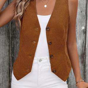 TEMU 우아한 여성용 슬림핏 조끼 - 시크한 버튼 프론트, V넥, 단색 폴리에스테르 조끼, 봄/가을용, 세탁기 및 드라이클리닝 가능