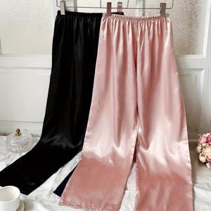 TEMU 여성 긴팔 새틴 잠옷 바지 세트, 2피스, 캐주얼 단색, 폴리에스테르, 짜임, 모든 계절 편안함, 성인