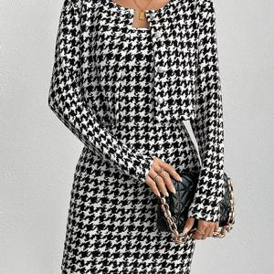 TEMU 여성 하운드투스 드레스 세트, 폴리에스터 니트, 기하학적 패턴, 라운드 넥, 중동 스타일, 봄/가을 패션, 여성 의상